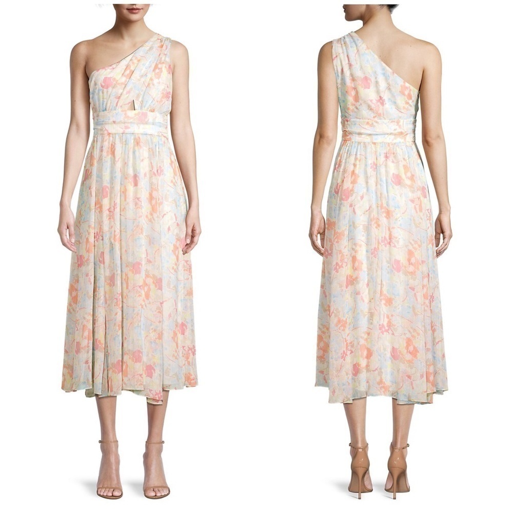 New Likely Sara Dress Floral Watercolor Metallic One Shoulder Midi Sz 0